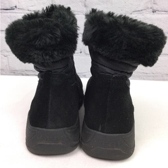 Lands End Suede Faux Fur Trim Quilted Accent Round Toe Black Ankle Bootie 7B - Picture 4 of 13